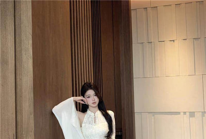 Sleeveless Halter Jacquard Midi Qipao / Light Jacket