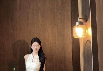 Sleeveless Halter Jacquard Midi Qipao / Light Jacket