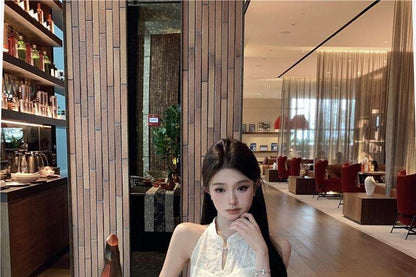 Sleeveless Halter Jacquard Midi Qipao / Light Jacket
