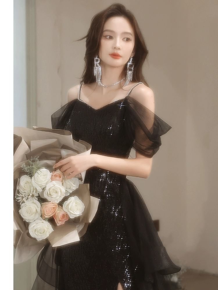V-Neck Cold Shoulder Sheer A-Line Evening Gown