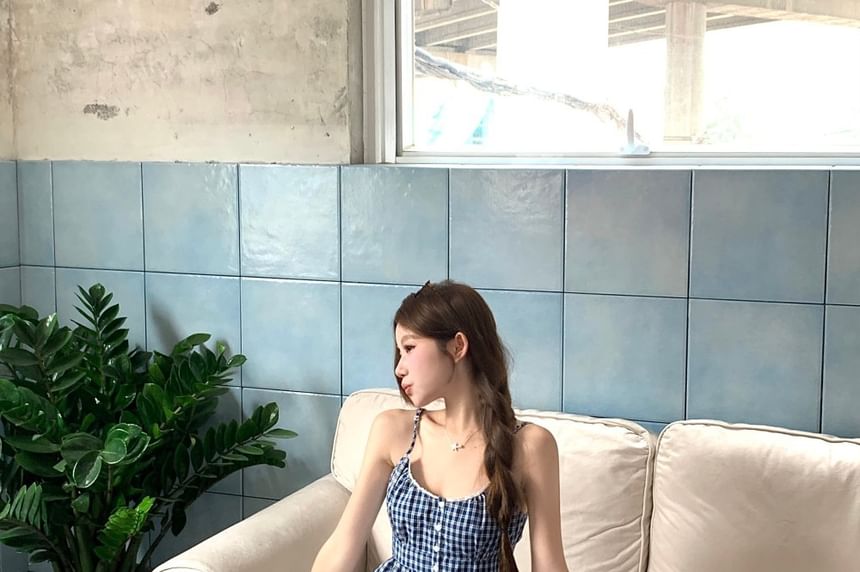 Plaid Button Camisole with Ruffled Elastic Waist Mini Skirt
