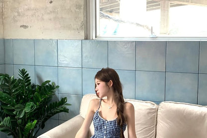 Plaid Button Camisole with Ruffled Elastic Waist Mini Skirt