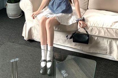 Plaid Button Camisole with Ruffled Elastic Waist Mini Skirt