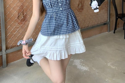 Plaid Button Camisole with Ruffled Elastic Waist Mini Skirt