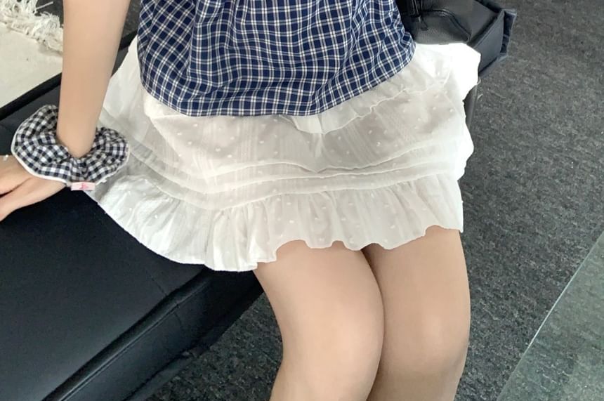Plaid Button Camisole with Ruffled Elastic Waist Mini Skirt