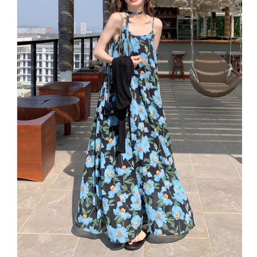 Spaghetti Strap Maxi Dress Floral Scoop Neck A-Line Print