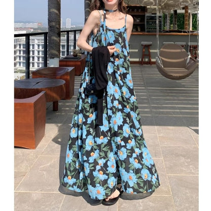 Spaghetti Strap Maxi Dress Floral Scoop Neck A-Line Print