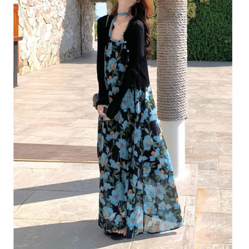 Spaghetti Strap Maxi Dress Floral Scoop Neck A-Line Print