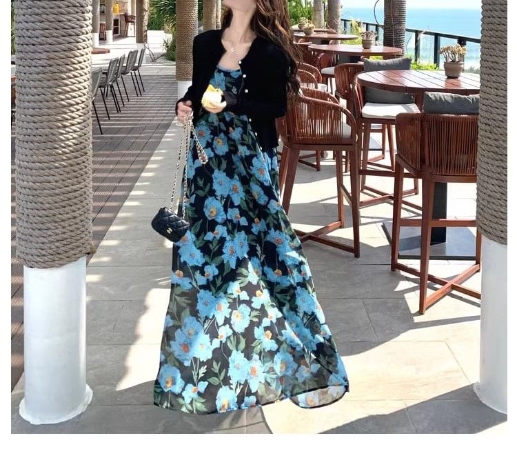 Spaghetti Strap Maxi Dress Floral Scoop Neck A-Line Print