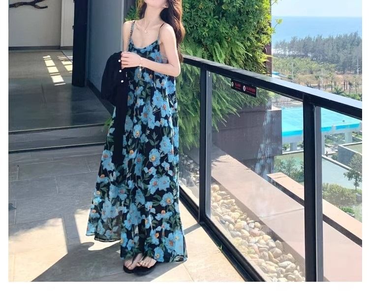 Spaghetti Strap Maxi Dress Floral Scoop Neck A-Line Print