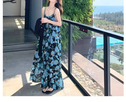 Spaghetti Strap Maxi Dress Floral Scoop Neck A-Line Print
