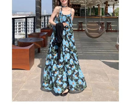 Spaghetti Strap Maxi Dress Floral Scoop Neck A-Line Print