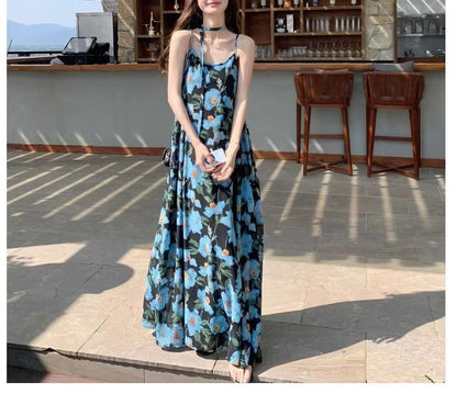 Spaghetti Strap Maxi Dress Floral Scoop Neck A-Line Print