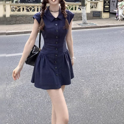 Short-Sleeve Shirt Plain A-Line Dress Mini