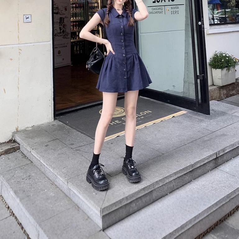 Short-Sleeve Shirt Plain A-Line Dress Mini