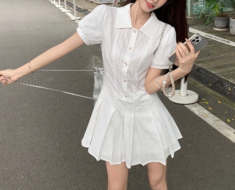 Pleated Shirt Mini Plain Short-Sleeve Dress