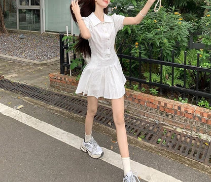 Pleated Shirt Mini Plain Short-Sleeve Dress