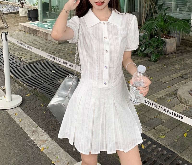 Pleated Shirt Mini Plain Short-Sleeve Dress