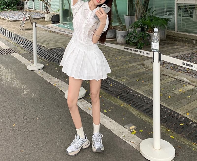 Pleated Shirt Mini Plain Short-Sleeve Dress