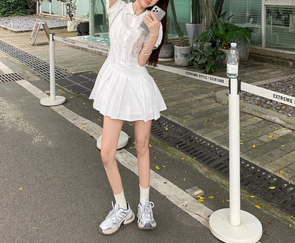 Pleated Shirt Mini Plain Short-Sleeve Dress