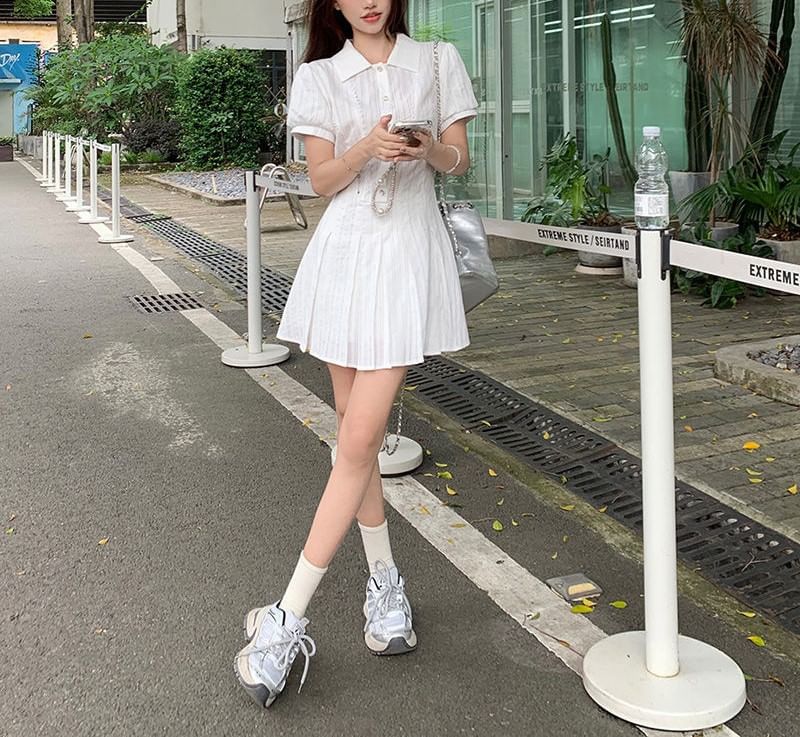 Pleated Shirt Mini Plain Short-Sleeve Dress