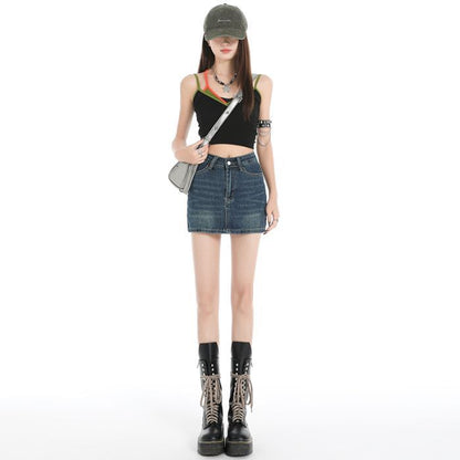 Washed Denim Mid Rise Pencil Mini Skirt