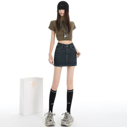 Washed Denim Mid Rise Pencil Mini Skirt