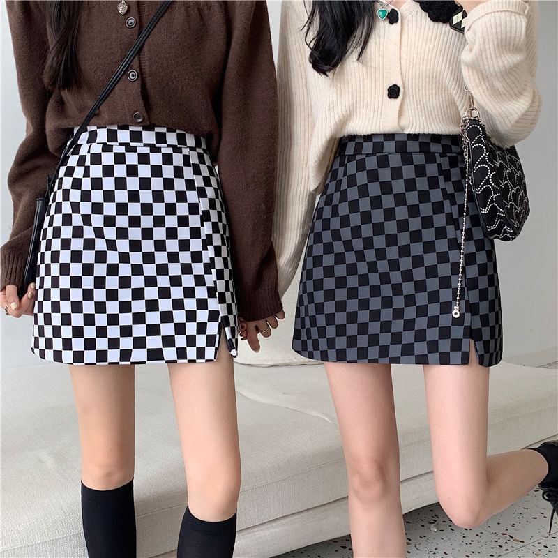 Checkered High Waist Slit Mini A-Line Skirt