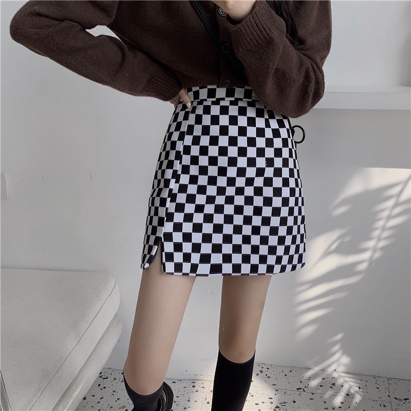 Checkered High Waist Slit Mini A-Line Skirt