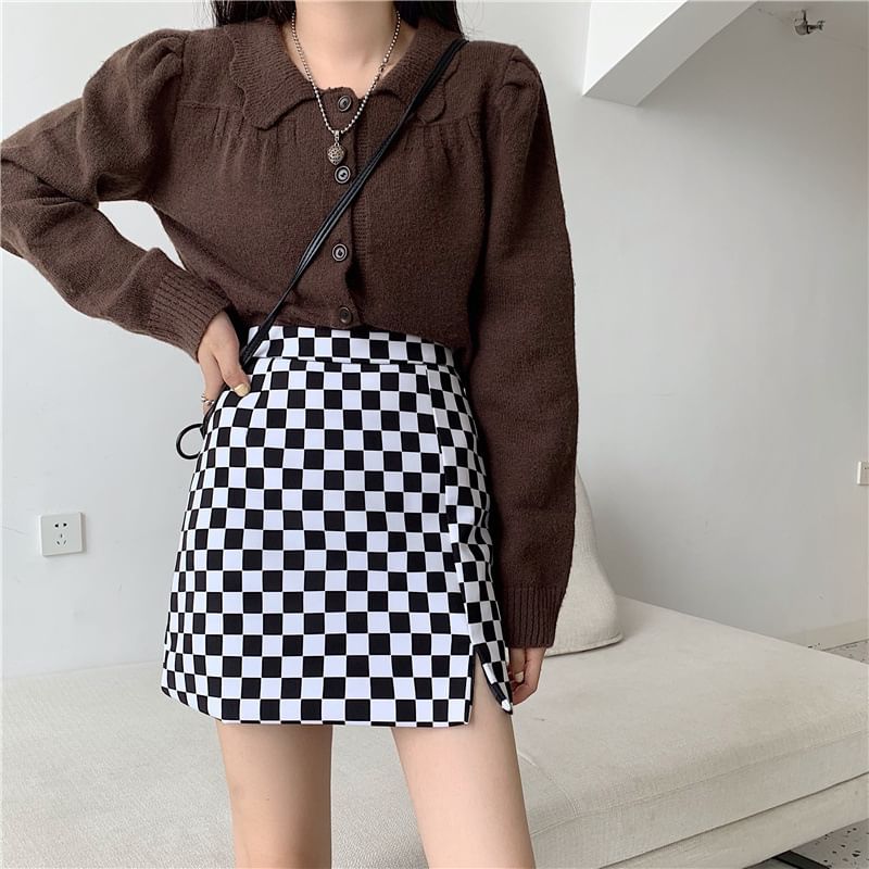 Checkered High Waist Slit Mini A-Line Skirt
