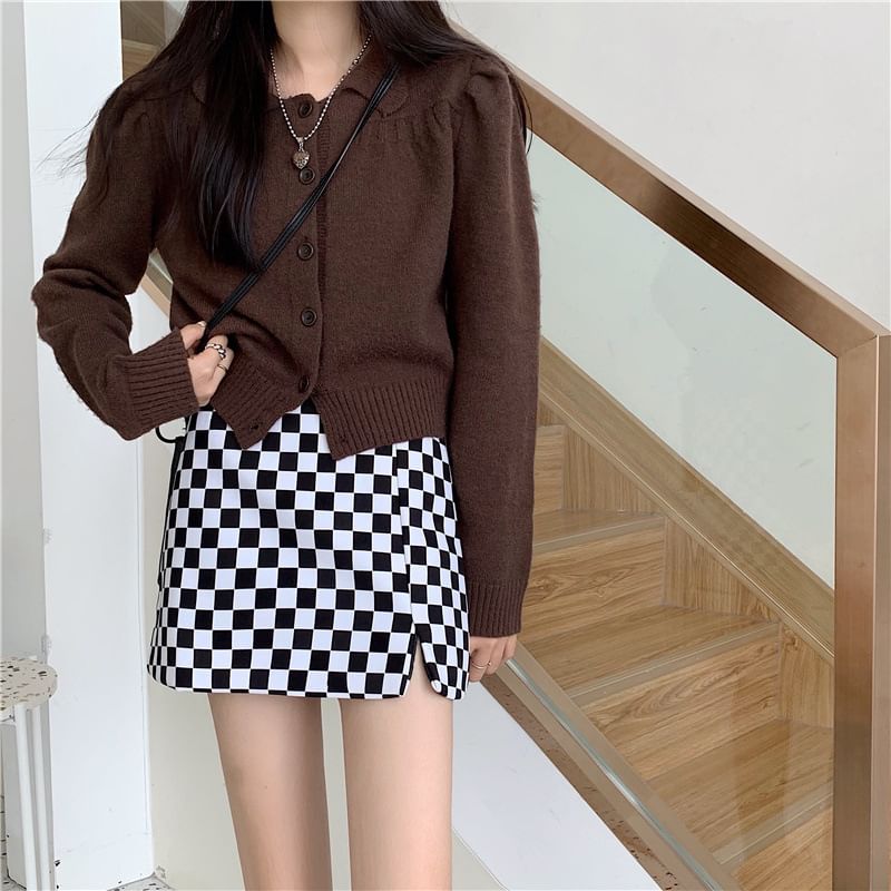 Checkered High Waist Slit Mini A-Line Skirt