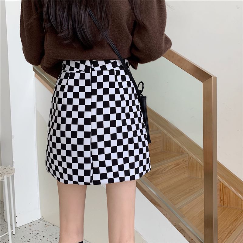 Checkered High Waist Slit Mini A-Line Skirt