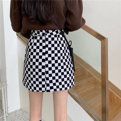 Checkered High Waist Slit Mini A-Line Skirt