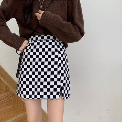 Checkered High Waist Slit Mini A-Line Skirt