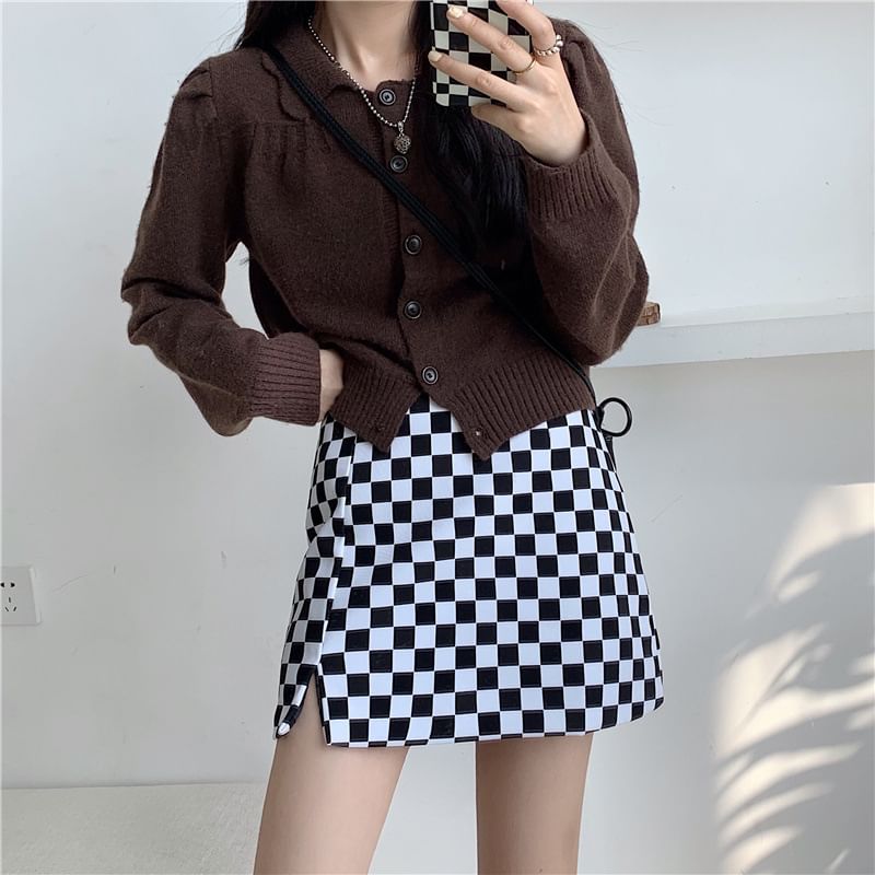 Checkered High Waist Slit Mini A-Line Skirt