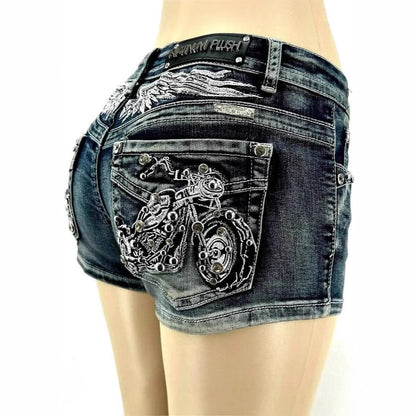 Mid Waist Washed Denim Shorts