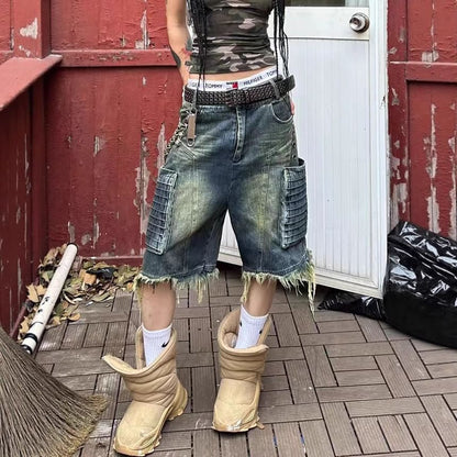 Low Waist Washed Distressed Wide Leg Jorts