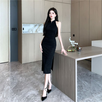 Sleeveless Plain Slit Midi Sheath Qipao