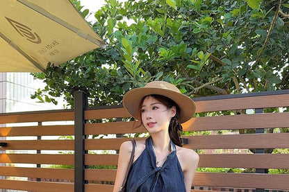 Sleeveless Tie Neck Washed Denim Top / High Waist Denim Shorts