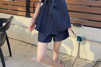Sleeveless Tie Neck Washed Denim Top / High Waist Denim Shorts