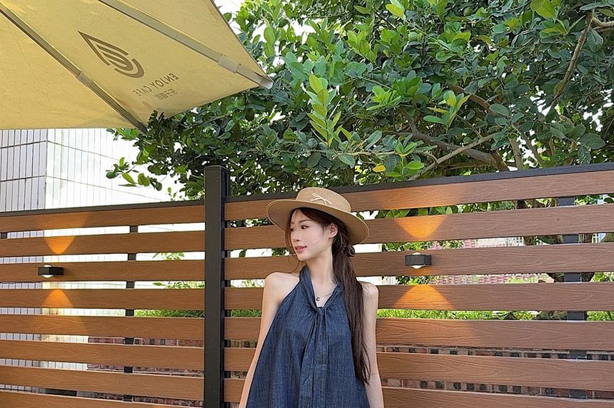 Sleeveless Tie Neck Washed Denim Top / High Waist Denim Shorts