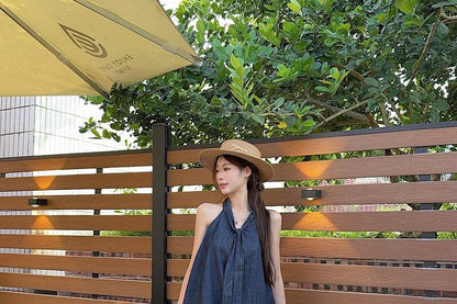 Sleeveless Tie Neck Washed Denim Top / High Waist Denim Shorts