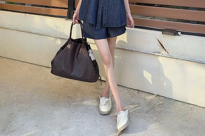 Sleeveless Tie Neck Washed Denim Top / High Waist Denim Shorts