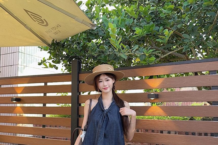 Sleeveless Tie Neck Washed Denim Top / High Waist Denim Shorts