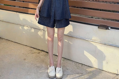 Sleeveless Tie Neck Washed Denim Top / High Waist Denim Shorts