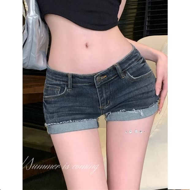Low Rise Frayed Denim Hot Pants