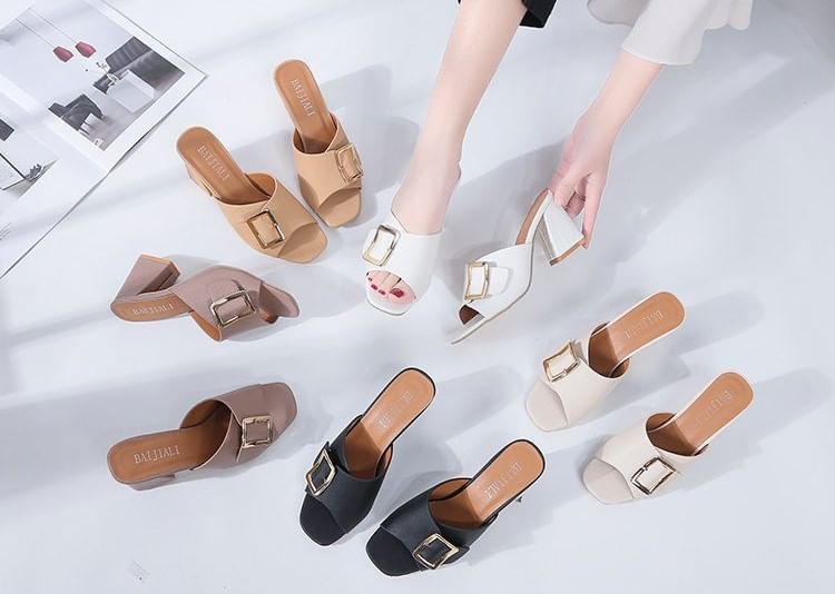 Buckled Slide Chunky Heel Sandals