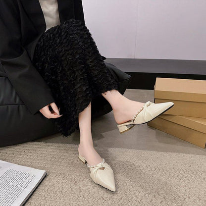 Chunky Faux Mules Toe Pointed Knot Heel Pearl