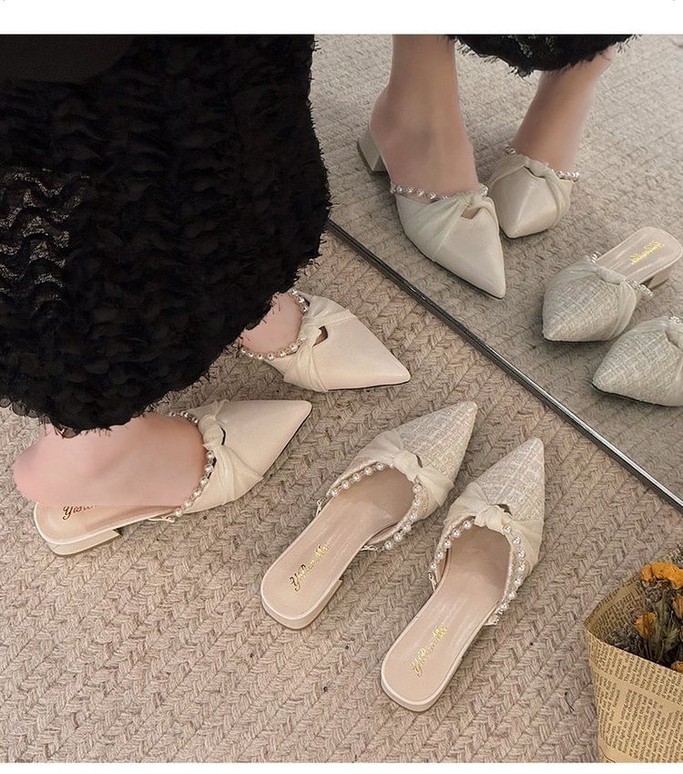 Chunky Faux Mules Toe Pointed Knot Heel Pearl
