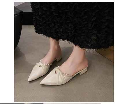 Chunky Faux Mules Toe Pointed Knot Heel Pearl